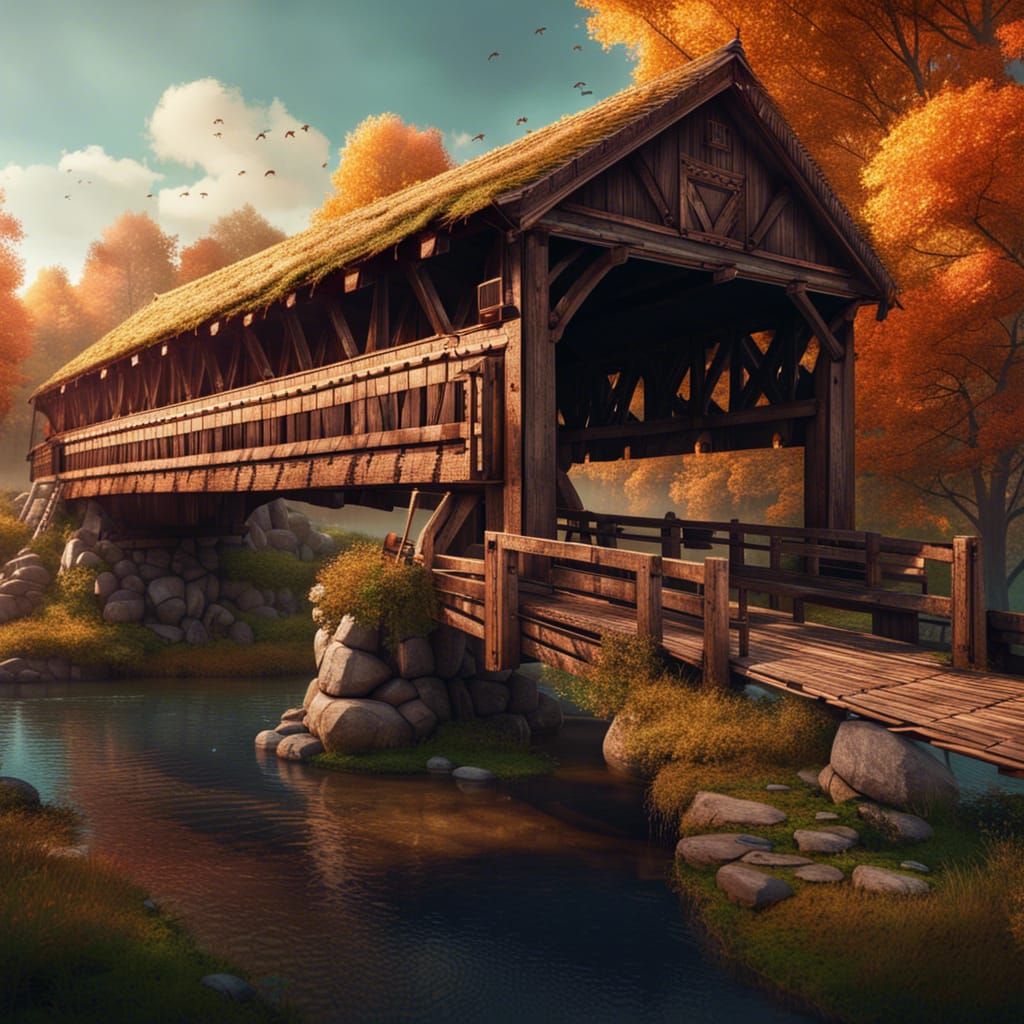 Rustic Covered Bridge in 3D Illustration
