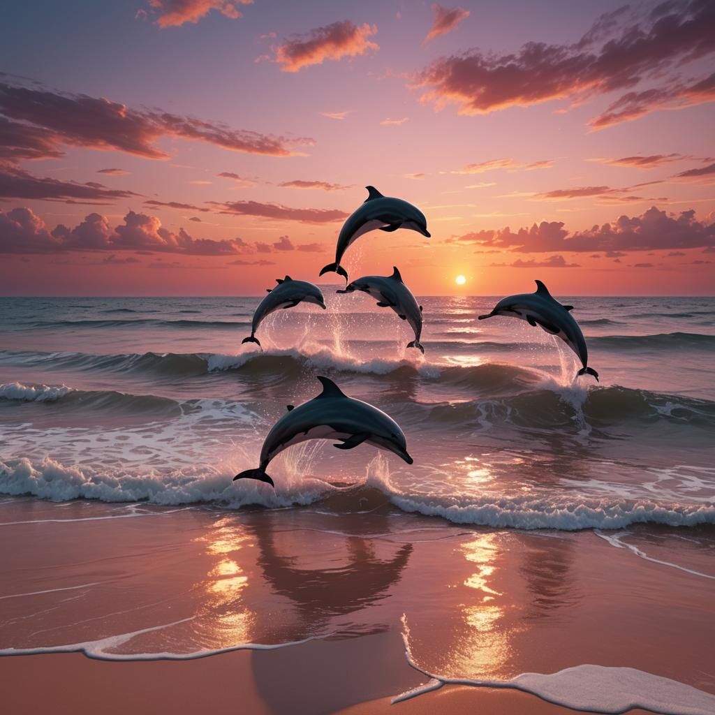 Pink and Orange Sunset with Jumping Dolphins
