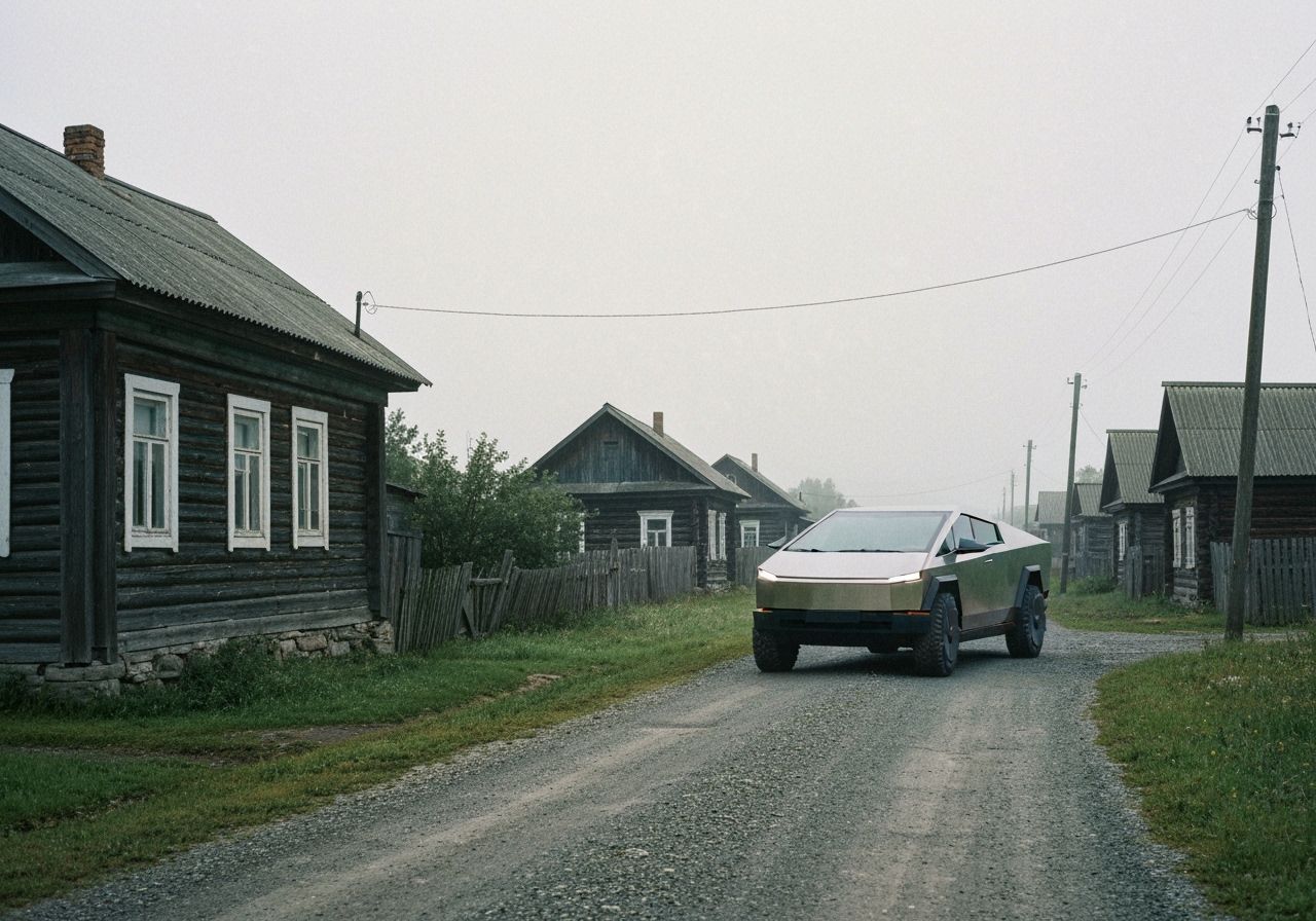 Tesla Cybertruck in Remote Russian Village, Analog Photo