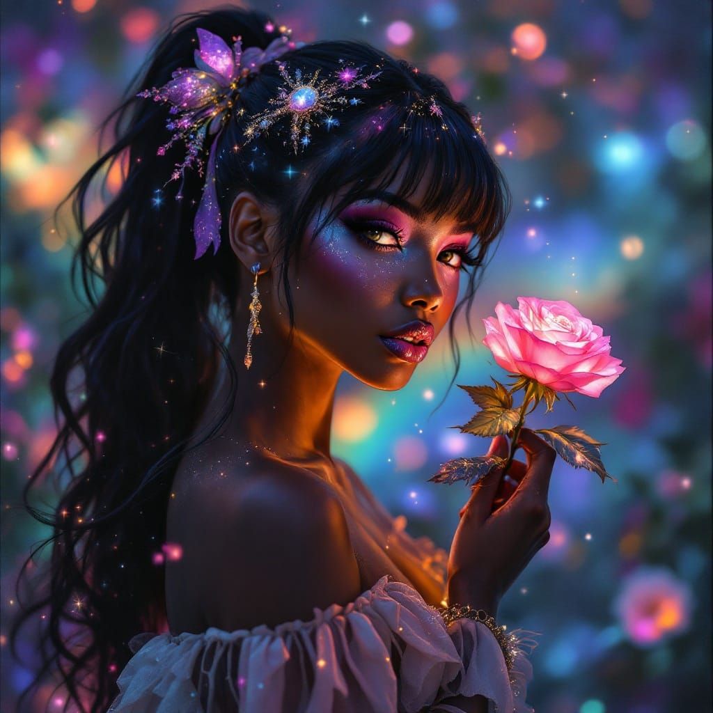 A Dazzling Woman in Fantasy Attire, Set Against a Biolumines...