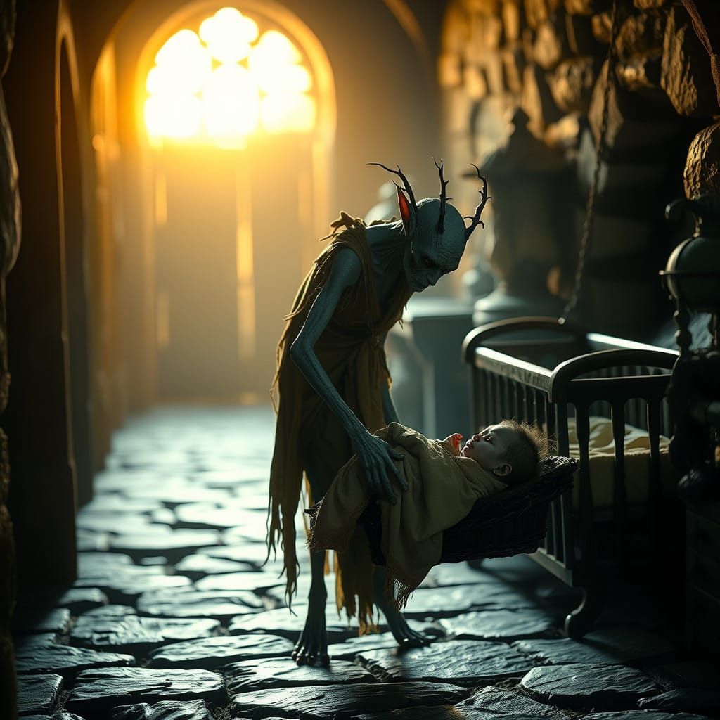 Ethereal Unseelie Woman Creeps Through Shadows in Dark, Myst...