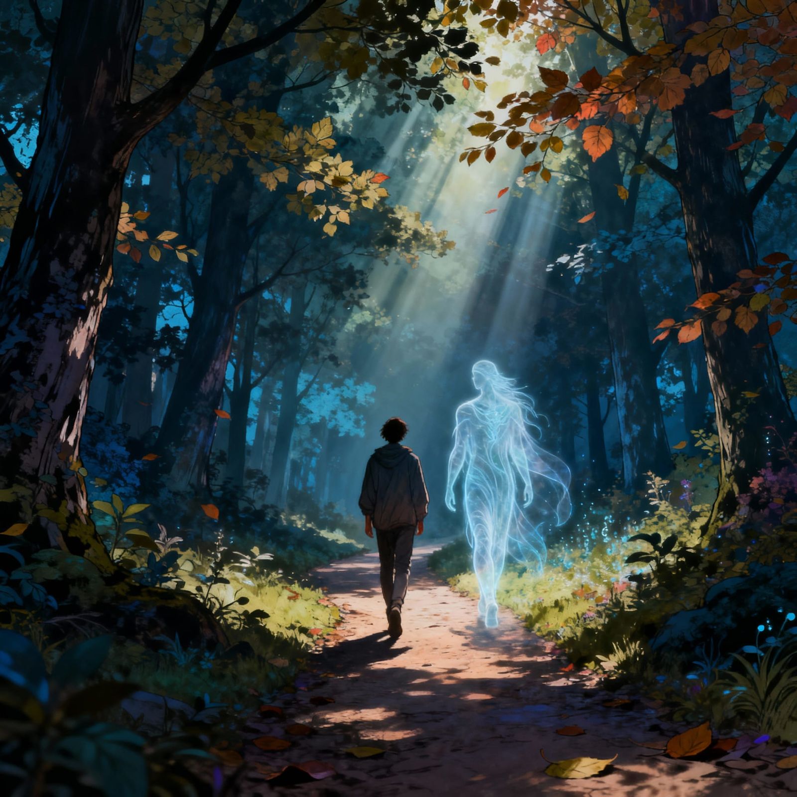 Adult Coloring Page: Solitary Forest Walk with Spirit Guide