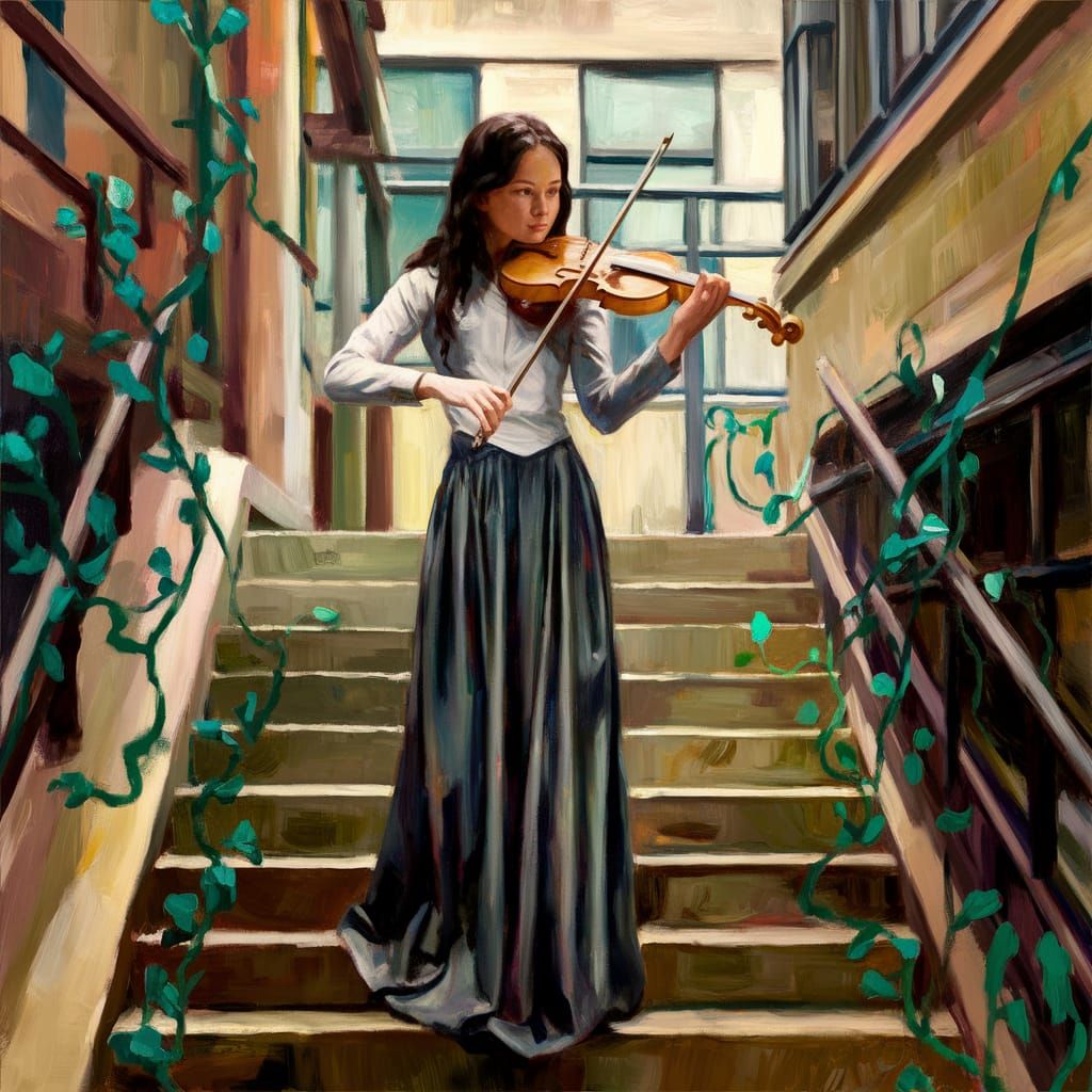 Girl with Violin on Stairway, Oil Painting