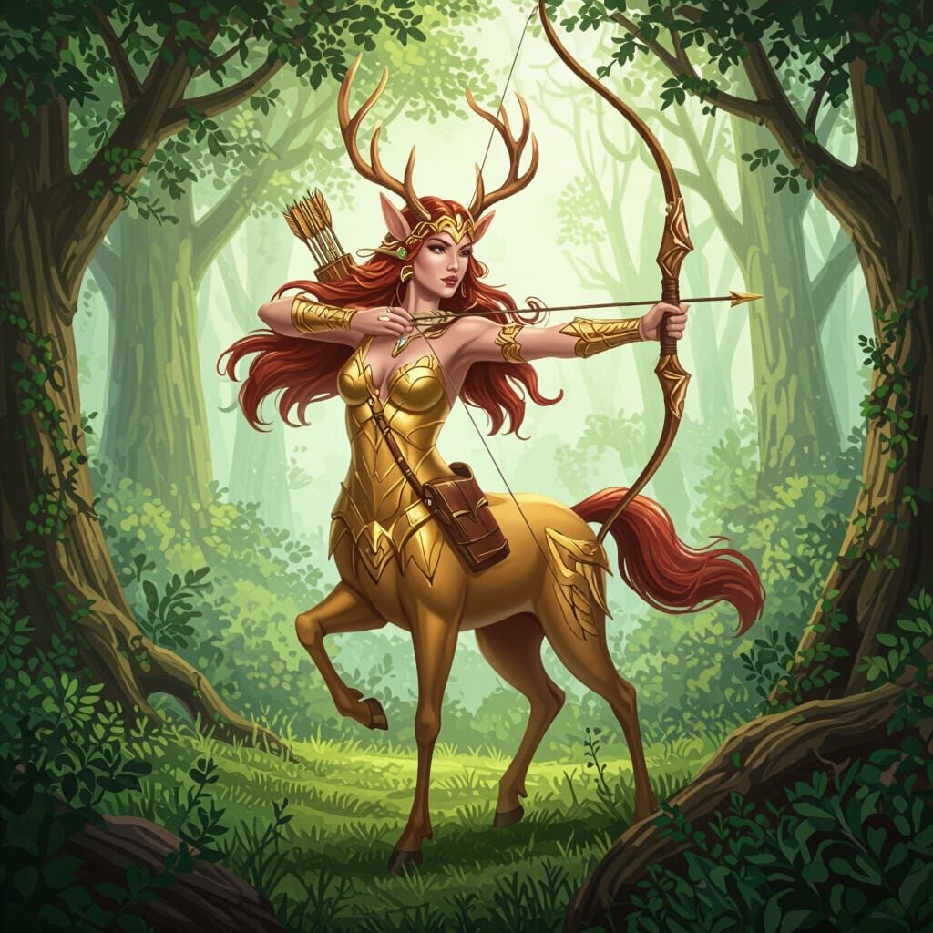 Golden Deer Centaur Woman with Bow in Lush Woods