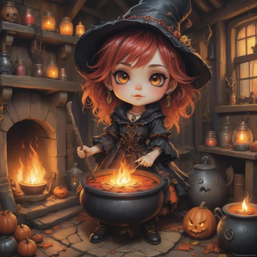 Whimsical Chibi Witch in Cottage Scene