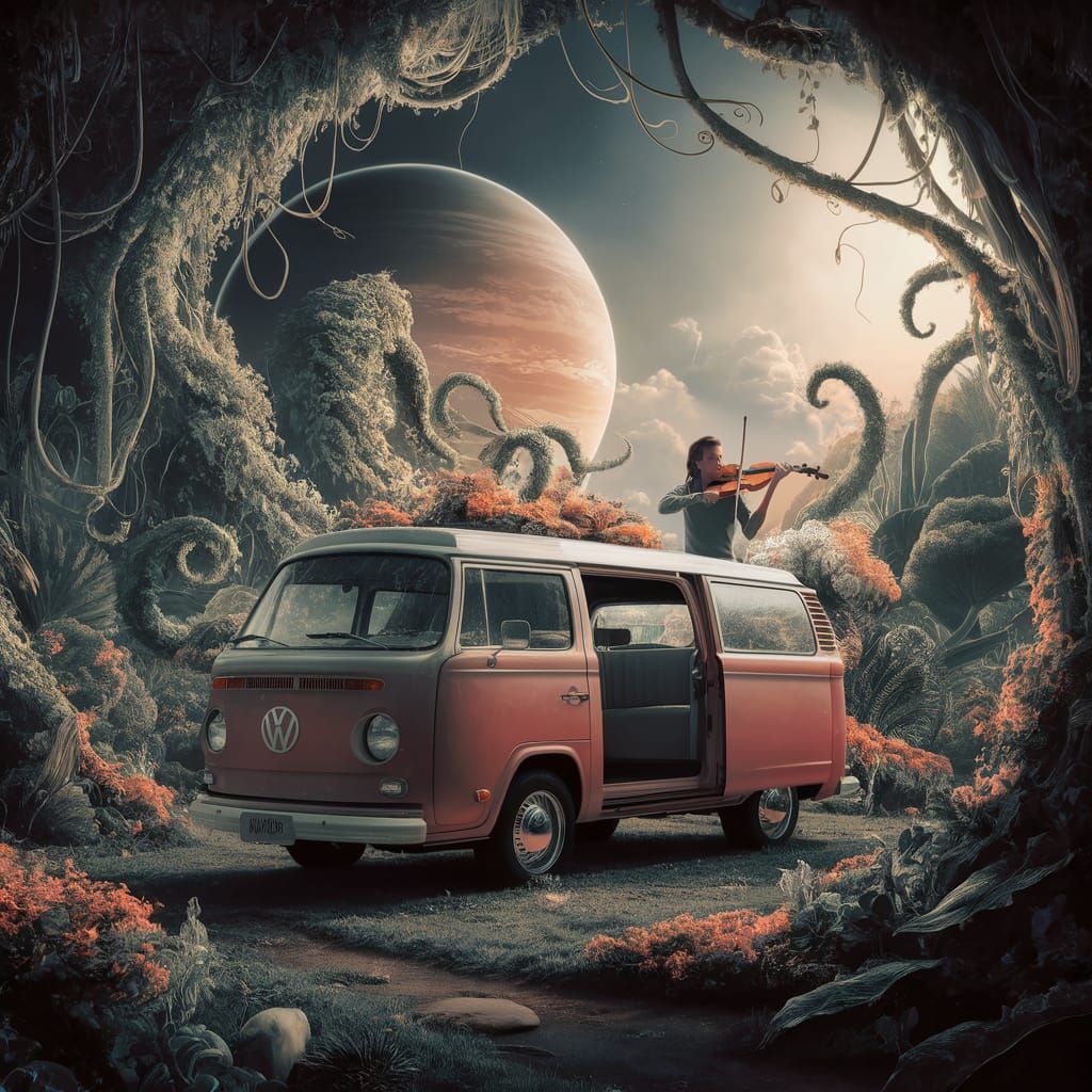 Venusian Violinist in Botanical Garden with VW Van