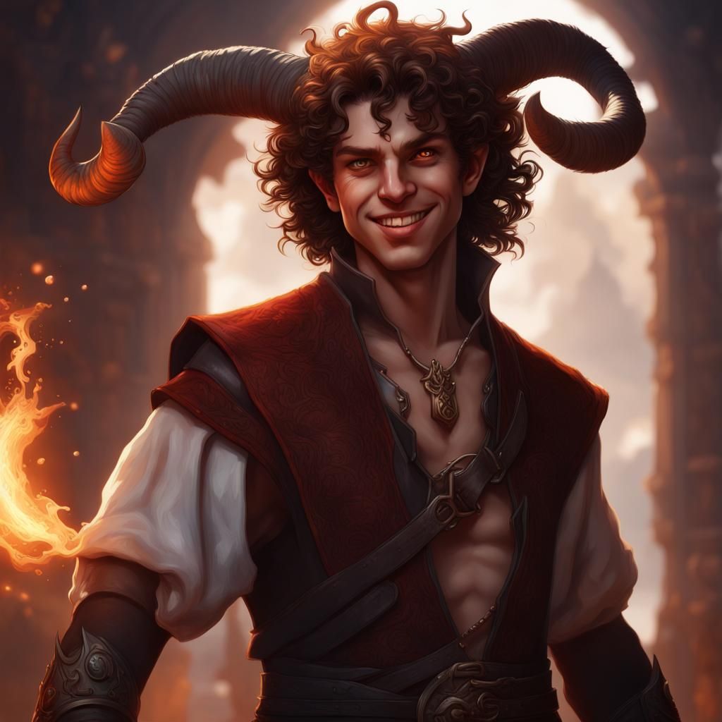 Smiling Tiefling Sorcerer with Wild Magic, Detailed Art