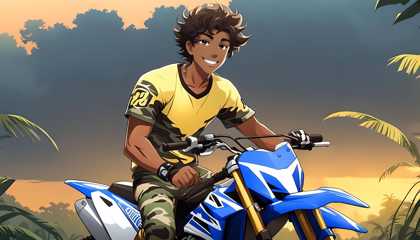 Anime Boy on Motocross Bike in Jungle Sunset