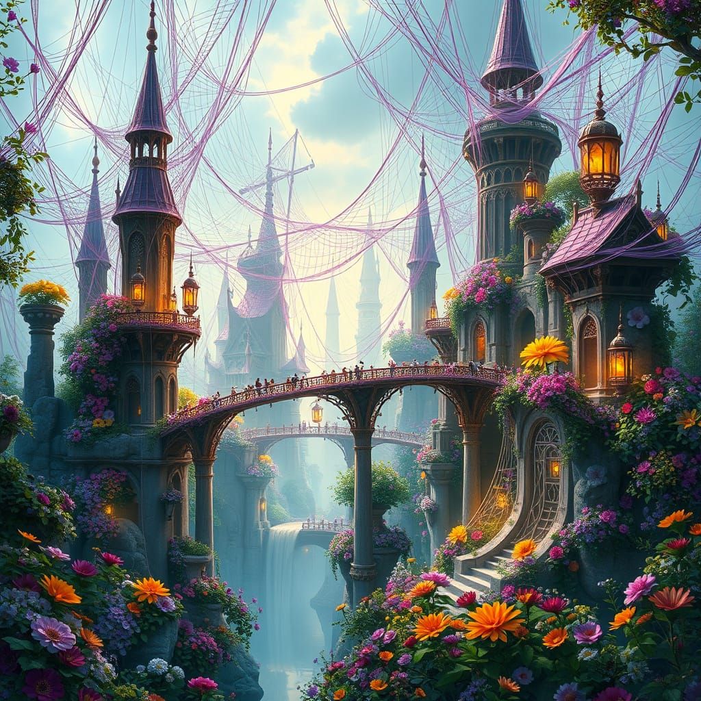 Enchanted Silk Spider-City Metropolis in Flower Garden