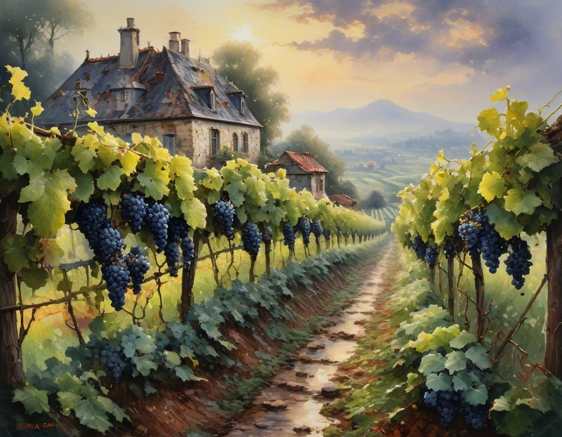 Impressionist Vineyard Scene with Dewy Grapes and Broken Sto...