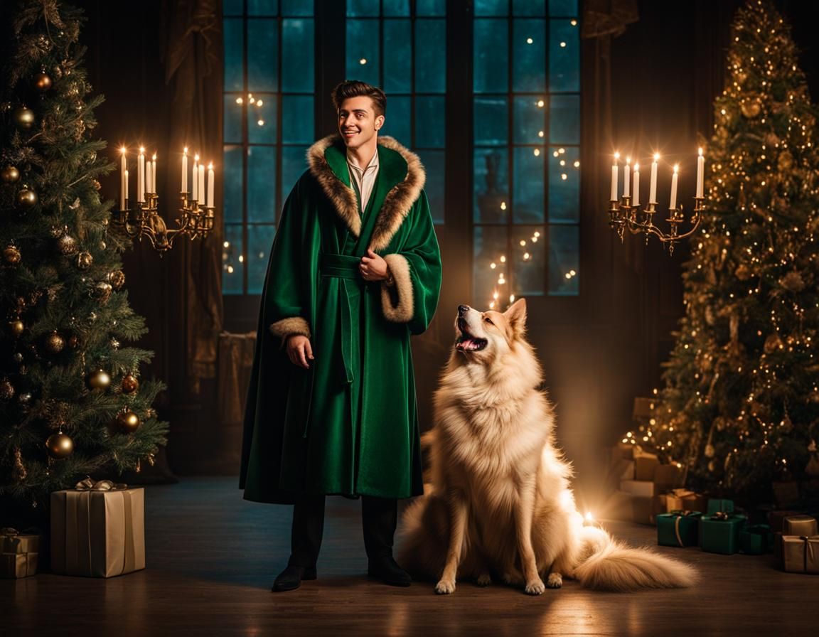 Victorian Christmas Scene with Man and Dog