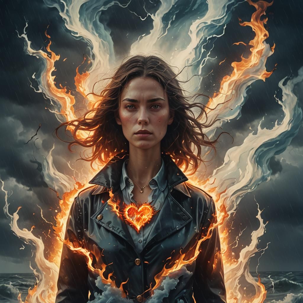Surreal Woman in Fiery Storm, Dreamlike Image
