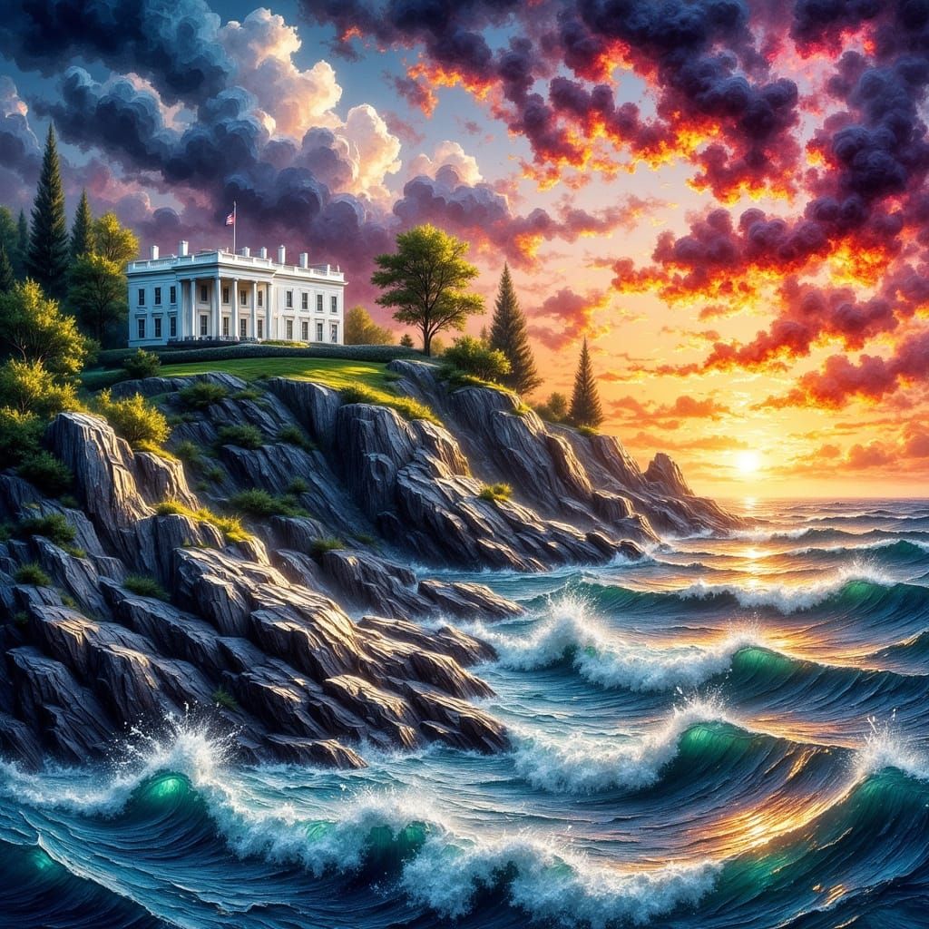 White House on Cliffs Under Fiery Sunset