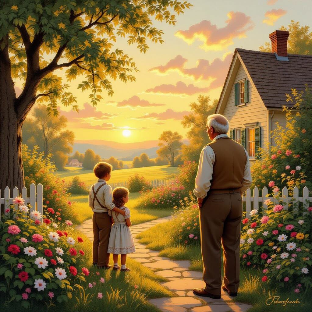 Nostalgic Sunset Countryside with Family Home and Garden