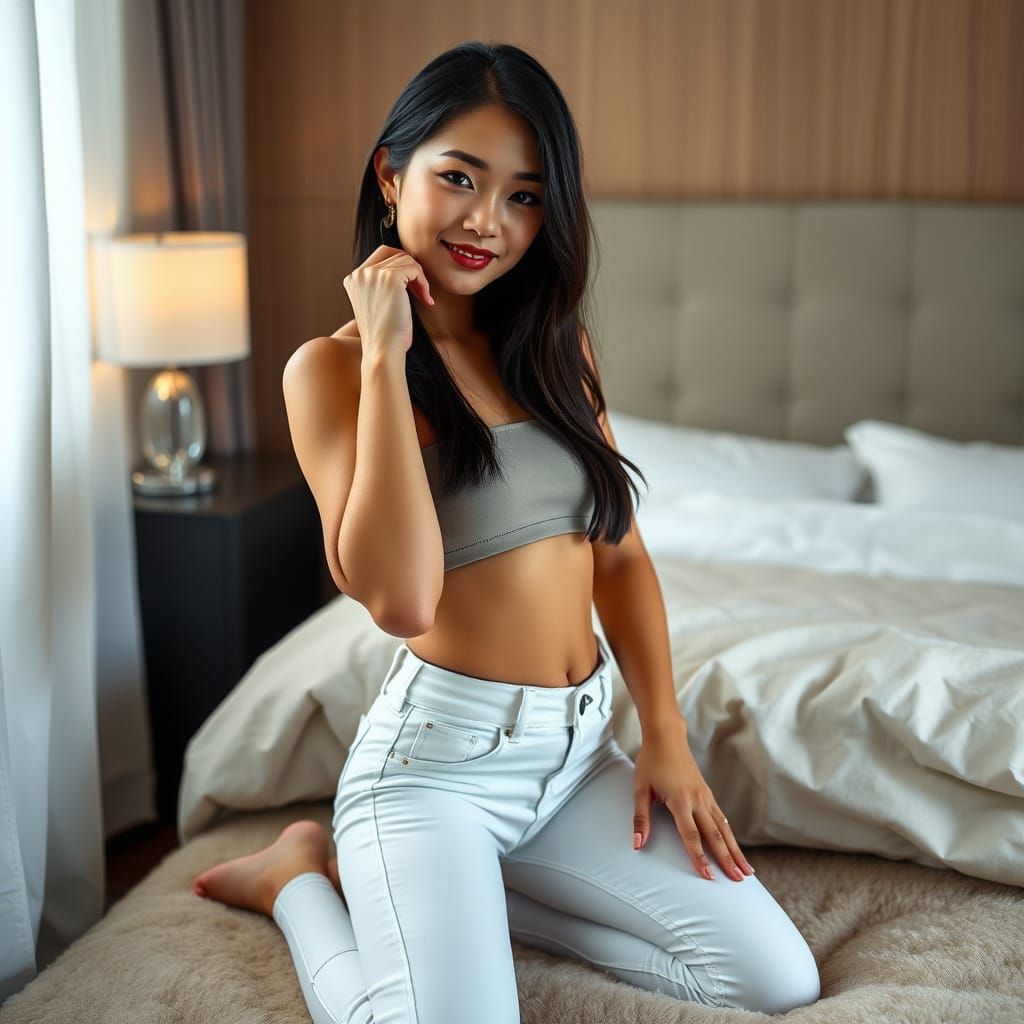 Confident Japanese Woman Posing on Plush Bed