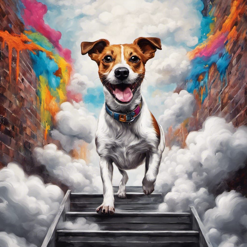 Jack Russell Dog's Ascension: Graffiti Art Stairway to Heave...