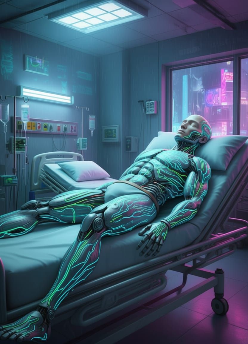 Neon Horror Cyberpunk Nurse with Glowing Circuits