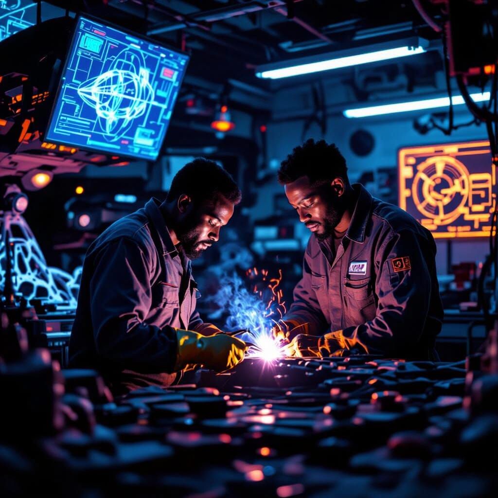 Futuristic Mechanic in Neon Garage, in a Retro Sci-Fi Style