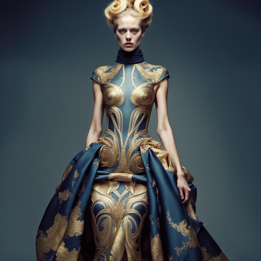 Golden Woman in Opulent Dress, Photorealistic Style