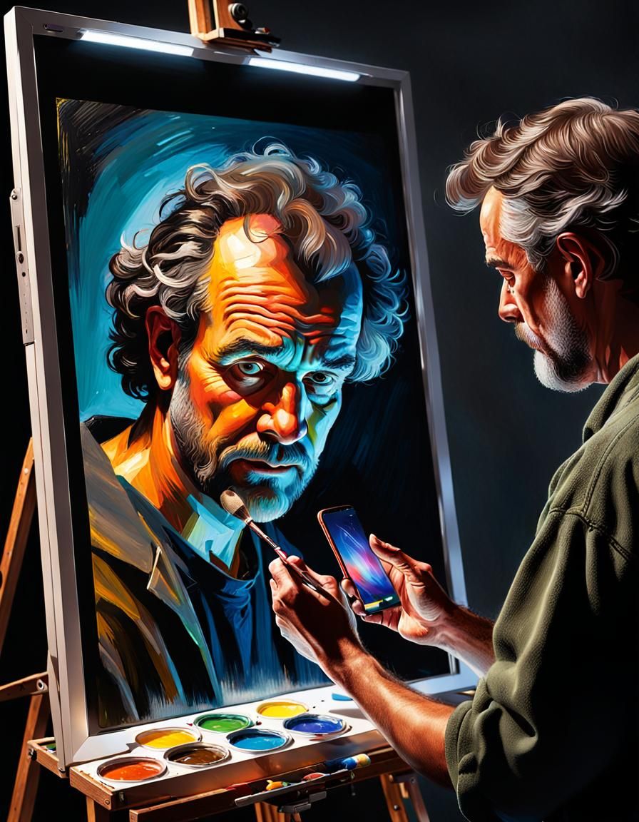 Painter Creating Self-Portrait: Hyperrealistic Concept Art