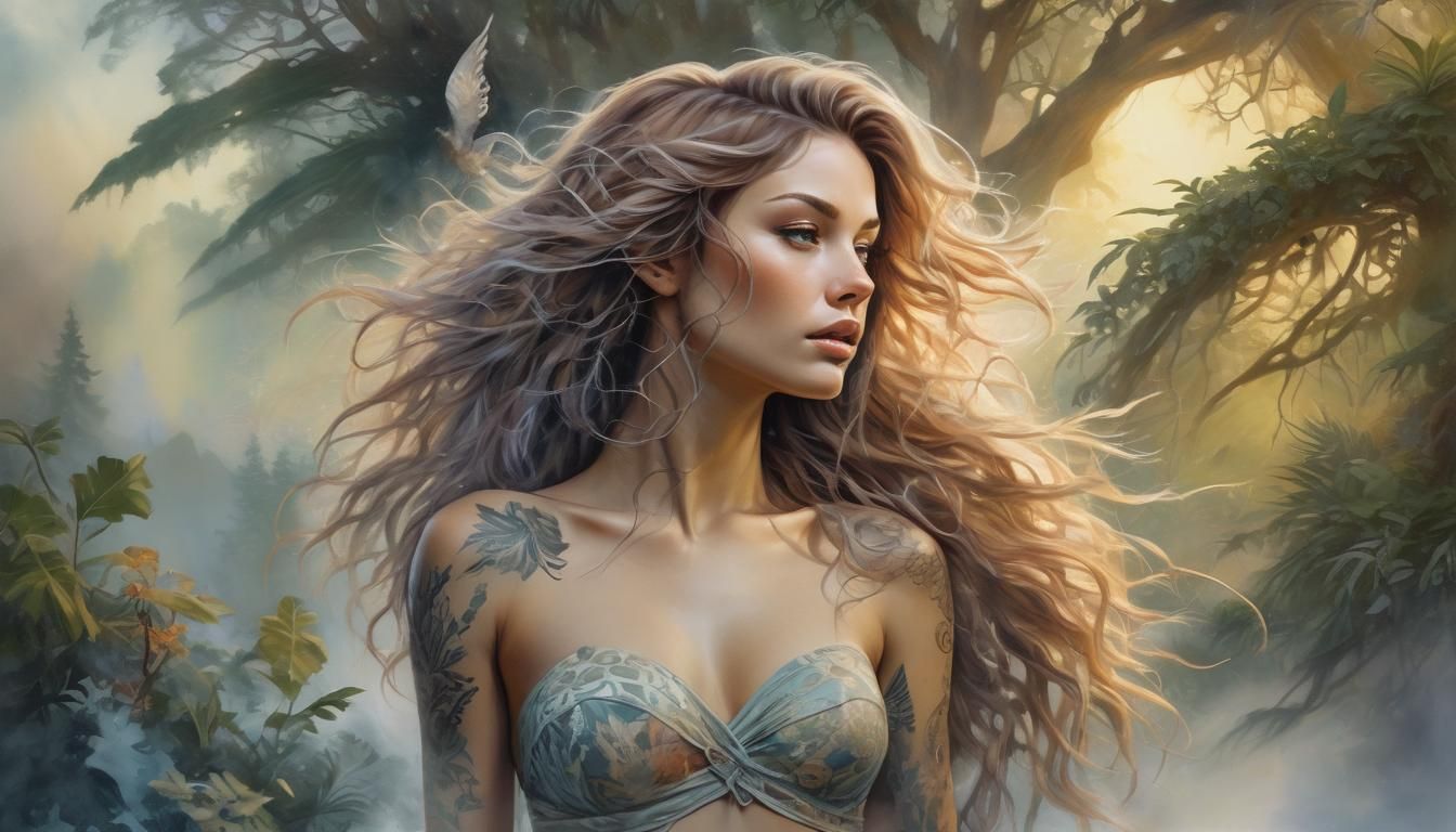 Ethereal Tattooed Woman in Watercolor Portrait