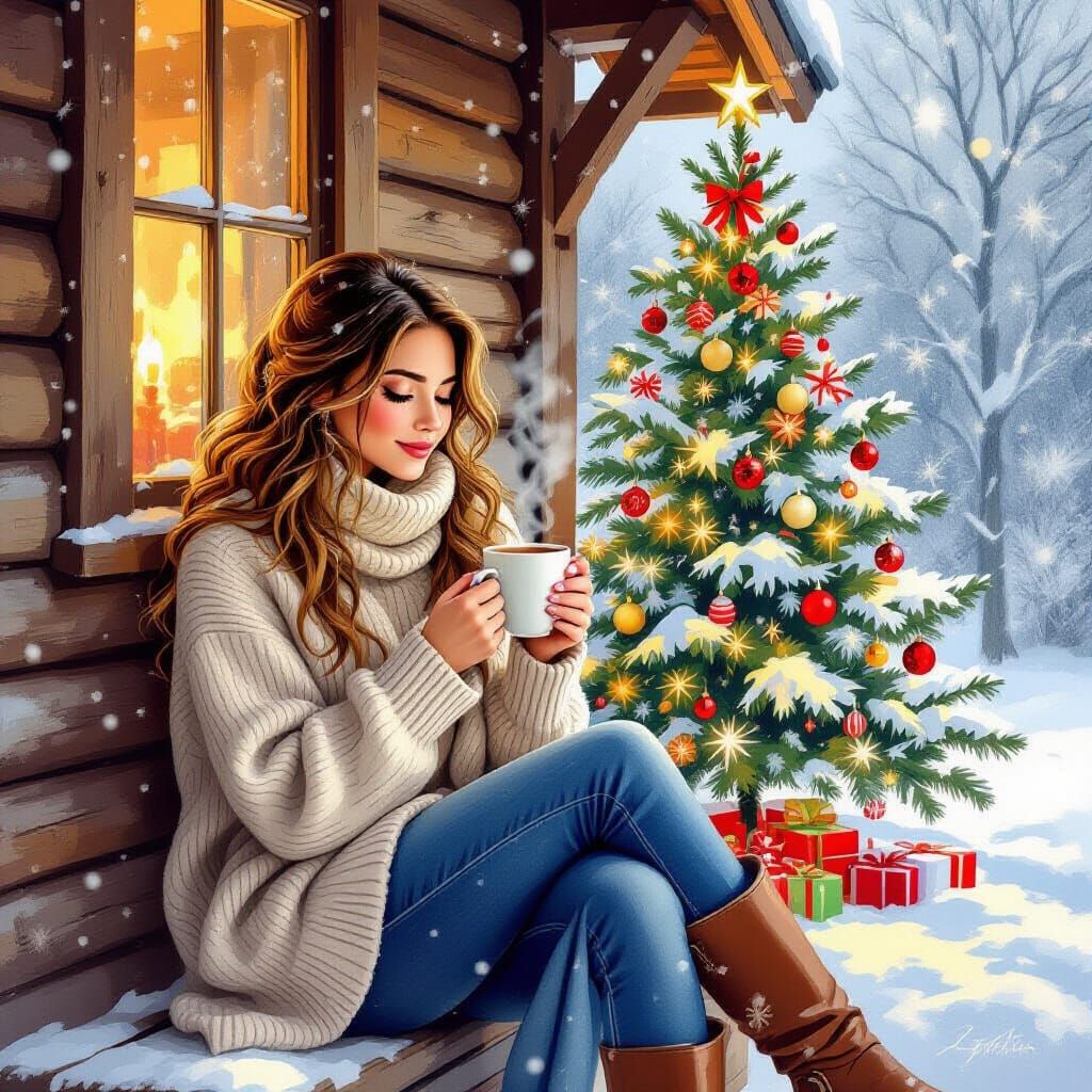 Cozy Winter Porch Scene in Watercolor Style