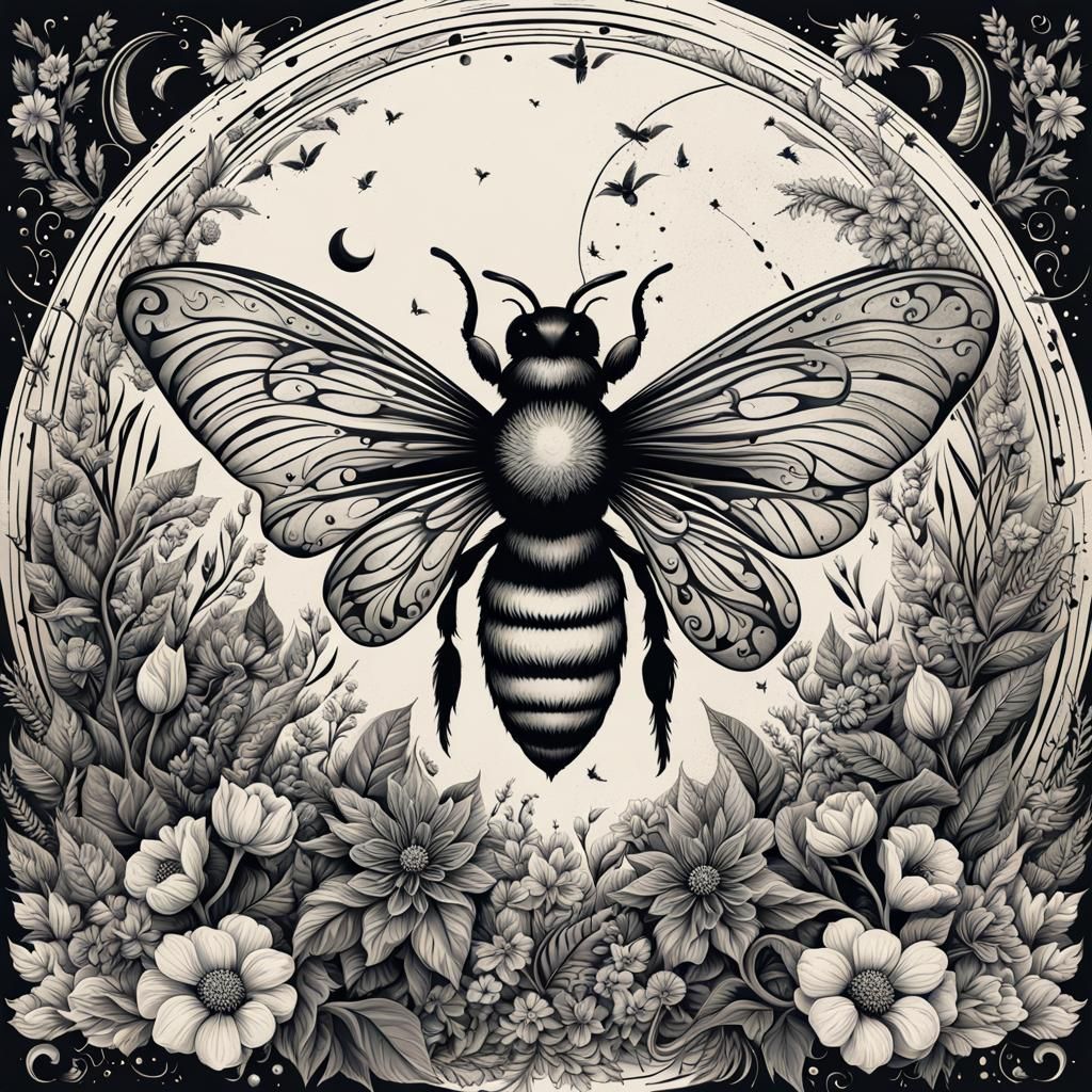 Ethereal Moon Flower Tattoo Design in Flat Style