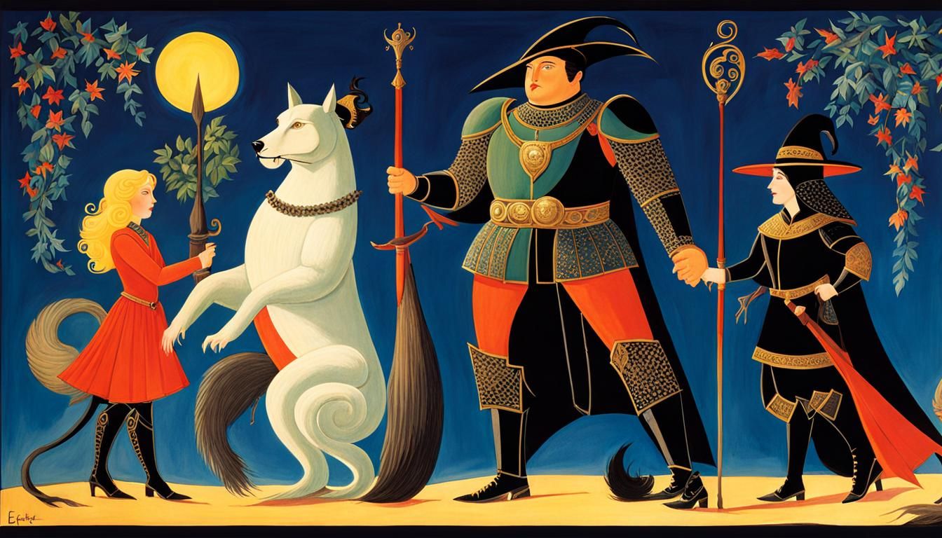 Adventuring Party in Erté and Botero Styles