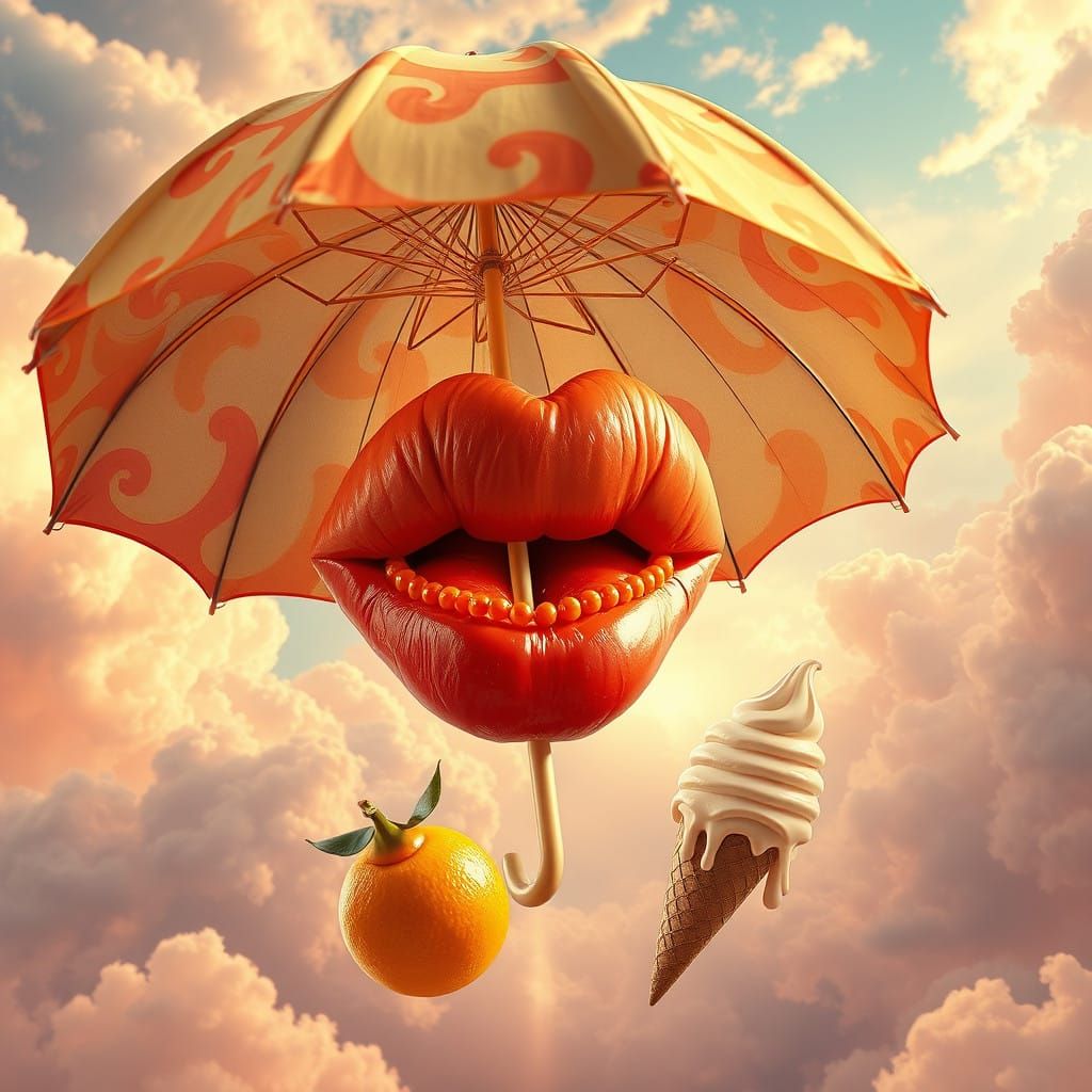 Whimsical Lips Hold Umbrella in Fantasy Realm with Oranges a...
