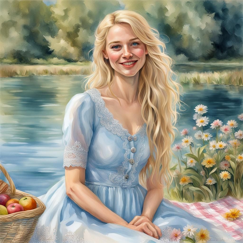 Pastel Watercolor Portrait of Woman at Lakeside Picnic