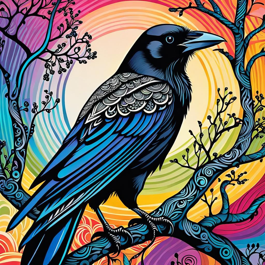 Colorful Crow with Zentangle Background