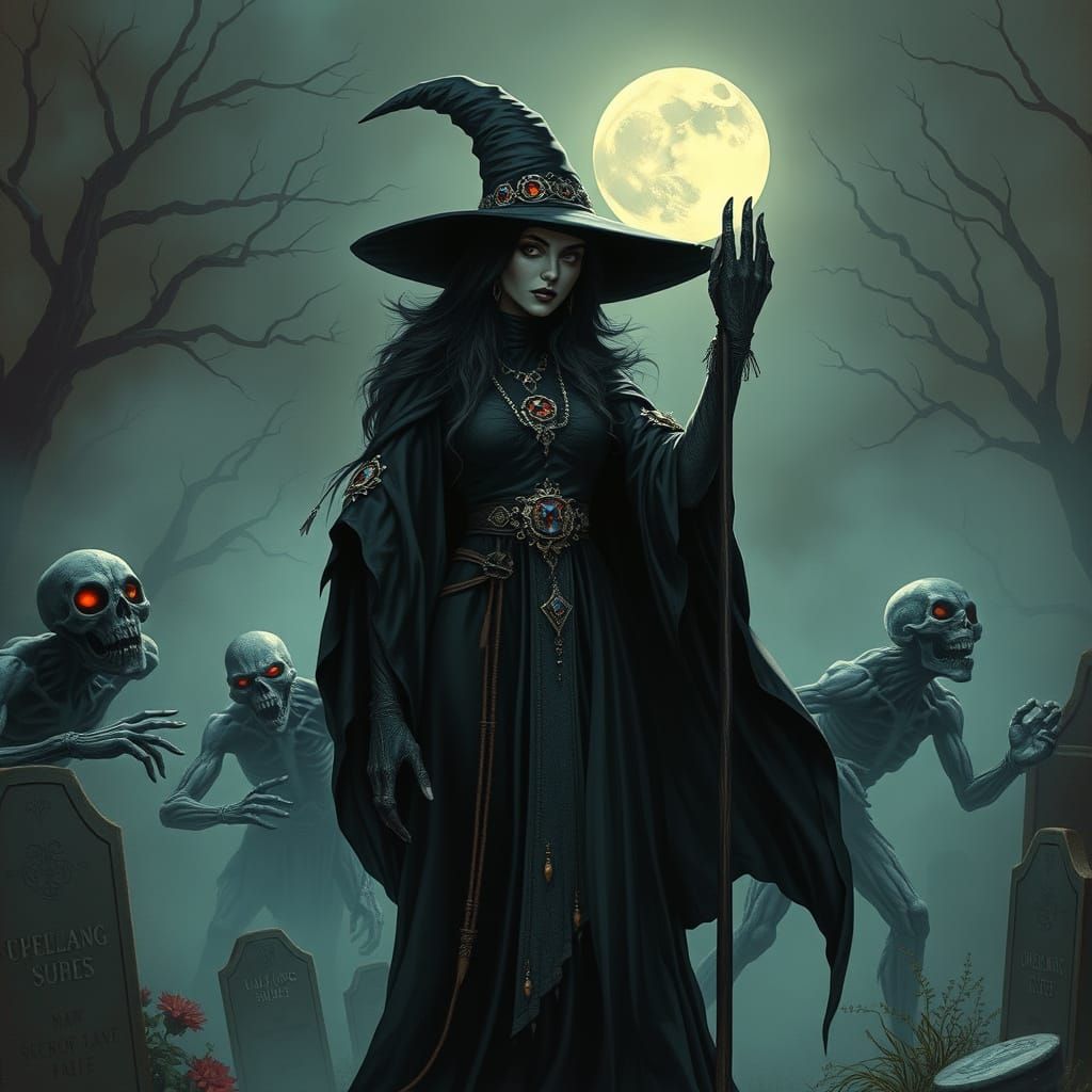 Witch Raising Zombies in Dark Fantasy Style
