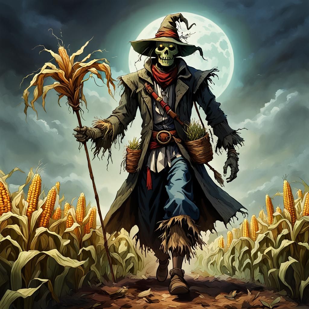 Magical Scarecrow Protecting Cornfield: Comic Book Art