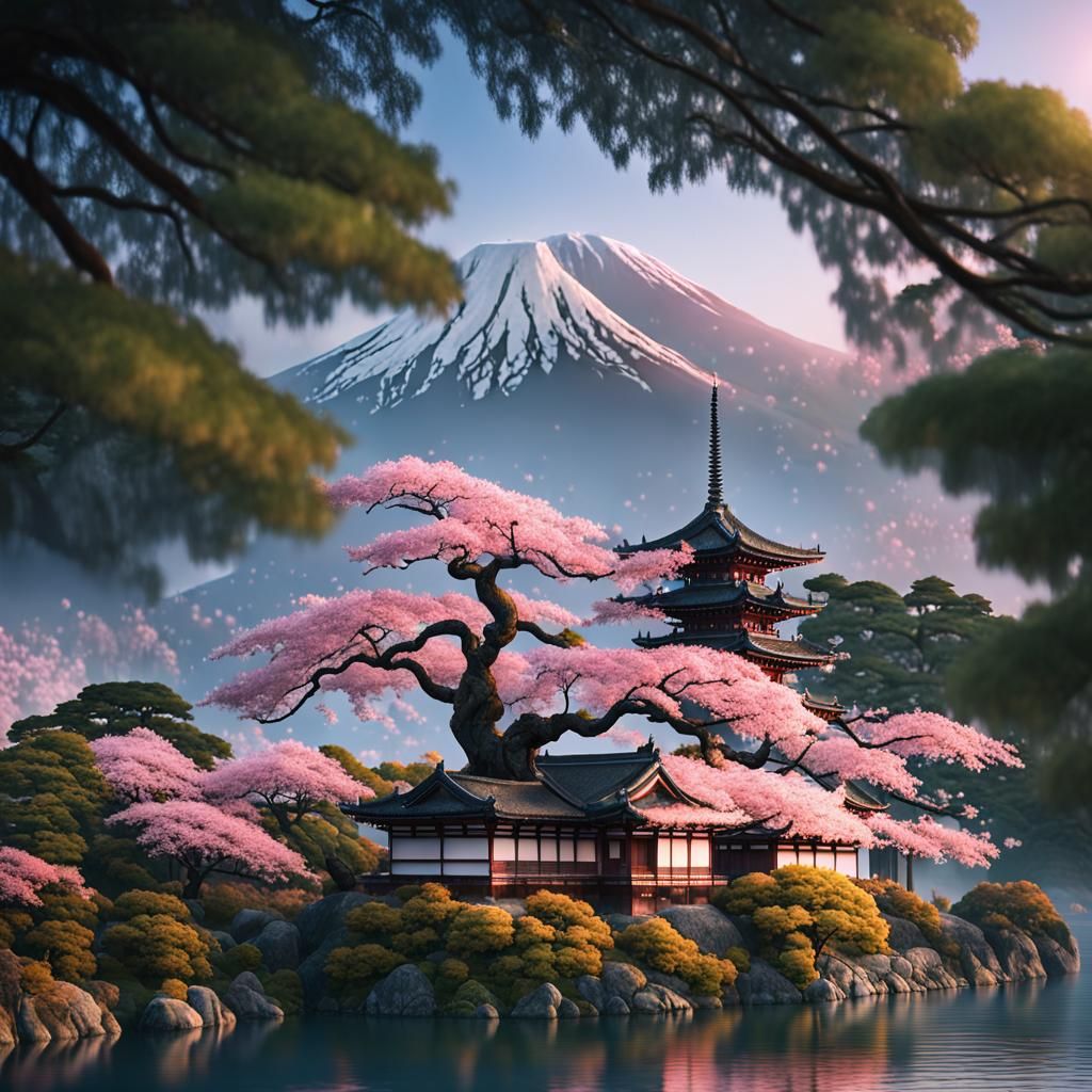 Majestic Sakura Tree by Lake: Cinematic Landscape