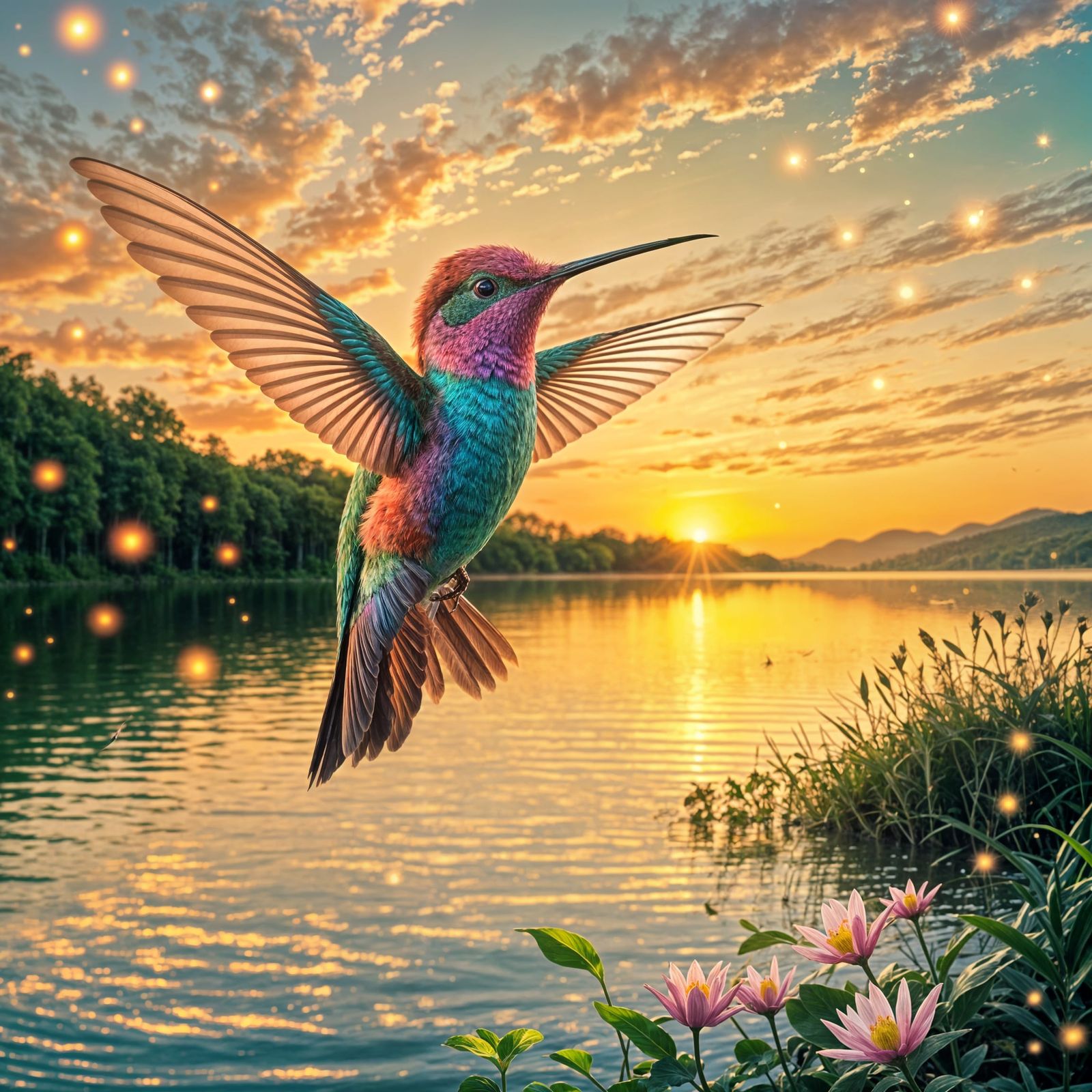 Hummingbird in Vibrant Sunset Lake Scene