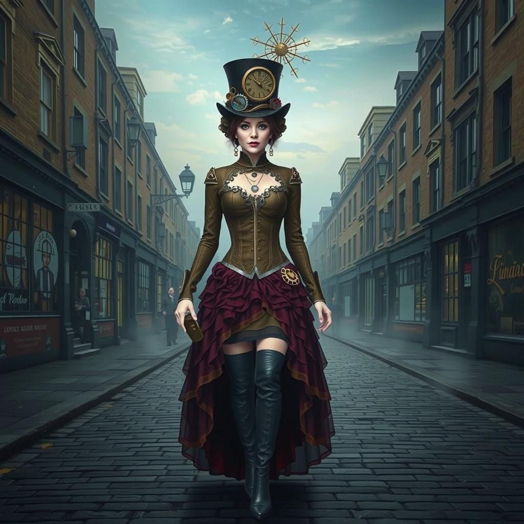 Steampunk Woman in Victorian London Street Scene