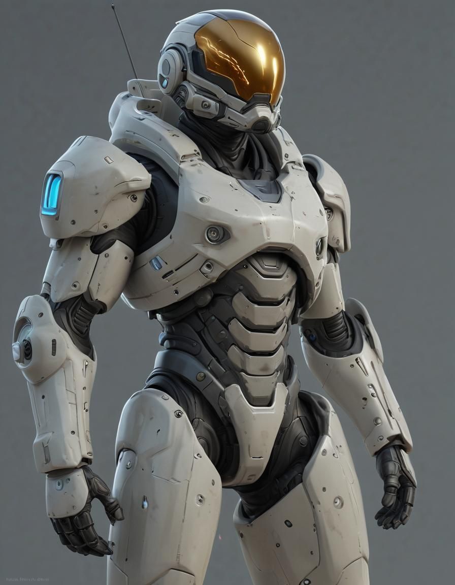 A highly detailed render digital painting of a sci-fi high-tech starshell battle suit, advanced weapon systems and visor...
