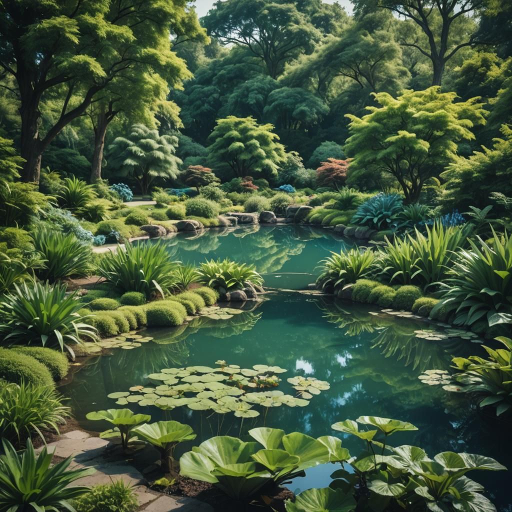 Lush Botanical Garden with Blue Pond: Cinematic Still