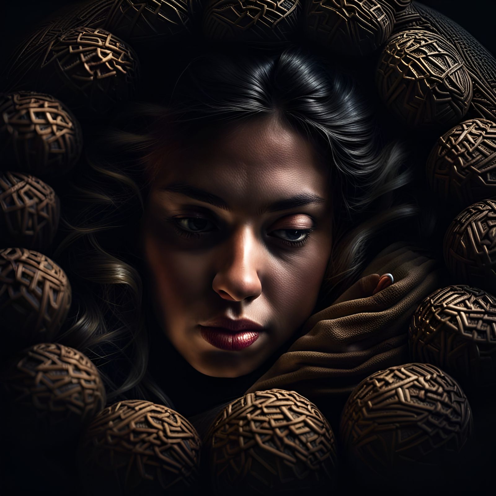 Hyperrealistic Woman Curled Up in Chiaroscuro Style