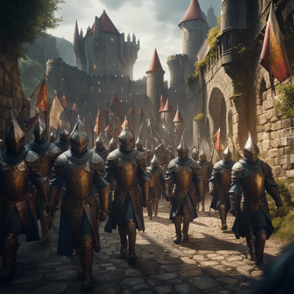 Knights Marching from Castle: Detailed Fantasy Art