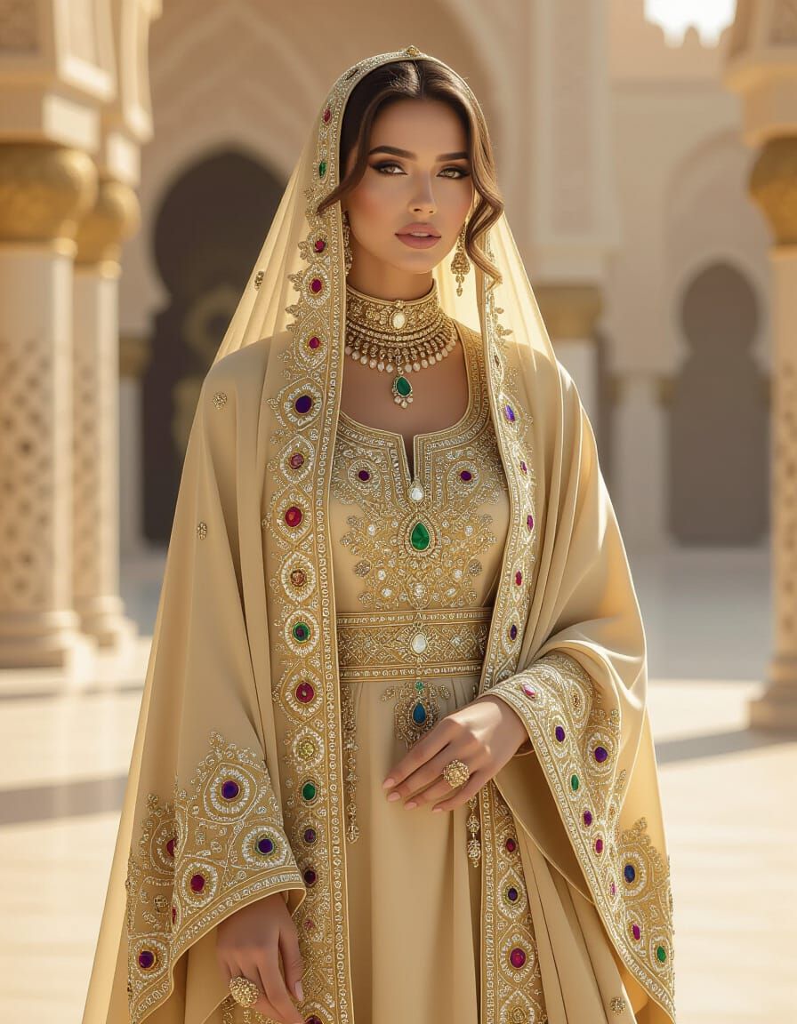 Regal Woman in Luxurious Abaya: Photorealistic Fashion