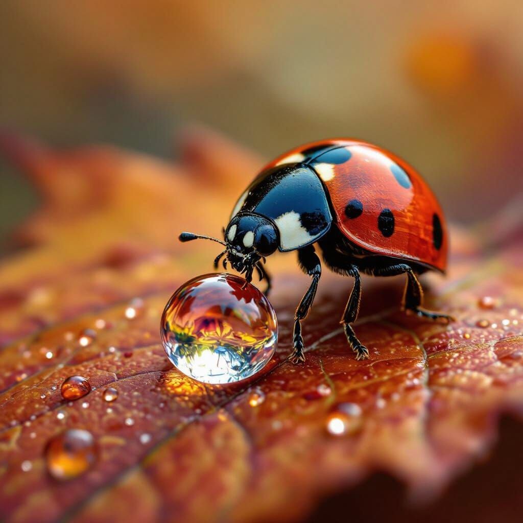 Hyperrealistic Ladybug Drinks Dewdrop on Autumn Leaf