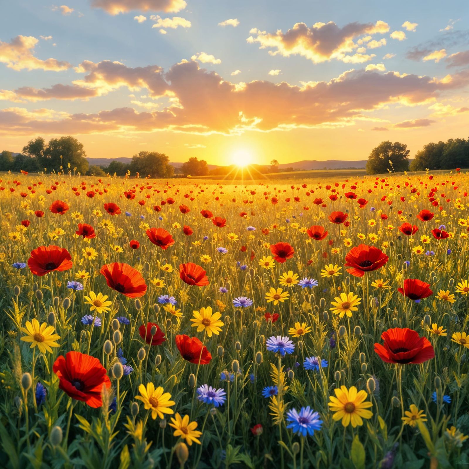 Impressionistic Meadow Sunset Painting in Golden Light