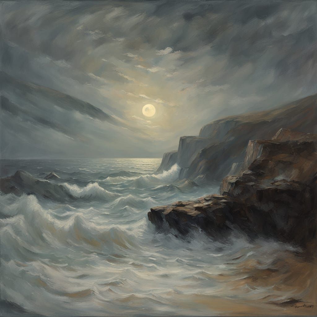 Impressionistic Seascape: Stormy Coast Under Ghostly Moon