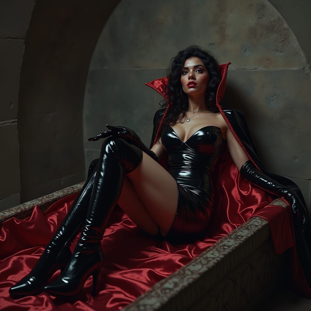 Dark Fantasy Vampire Emerges from Castle Coffin in Gothic Gl...