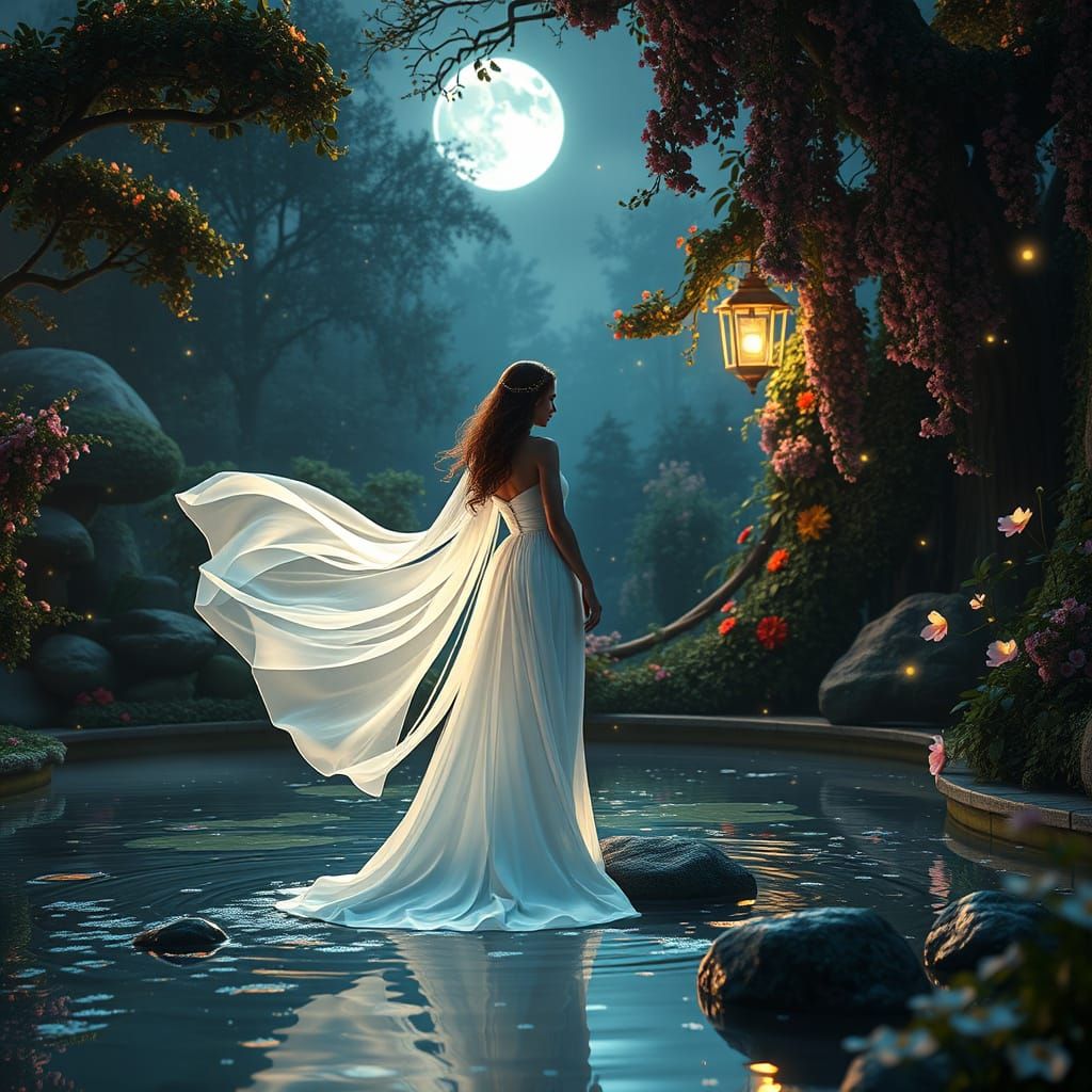 Mystical Goddess in Enchanted Moonlit Garden
