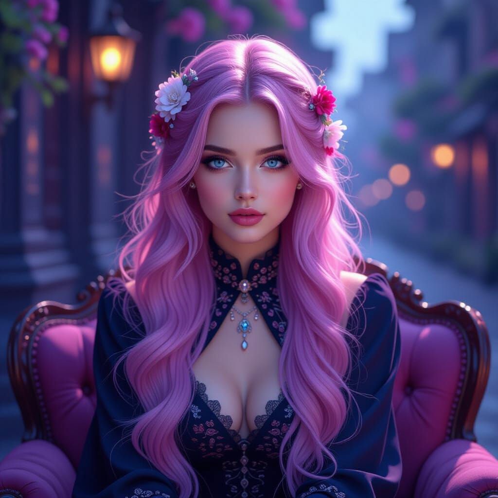 Ethereal Woman with Pastel Pink Hair and Flowers