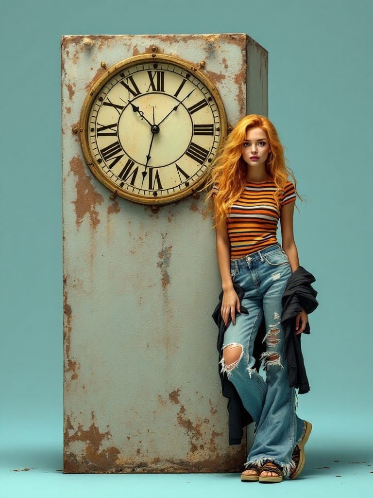 Girl with Clock in Dreamy Mixed-Media Style