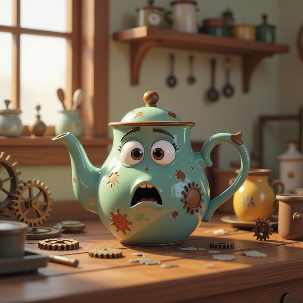Surprised Teapot on Workbench in 3D Digital Art Style