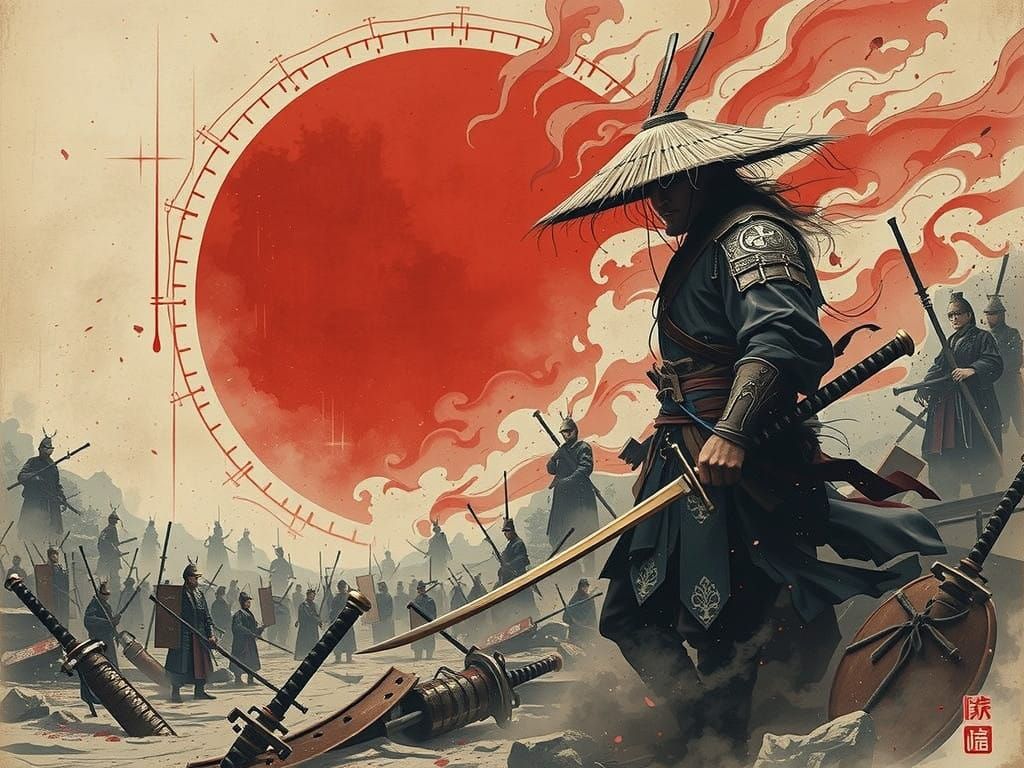 Samurai Amidst Ruin, Ink Brushstrokes and Eerie Glow
